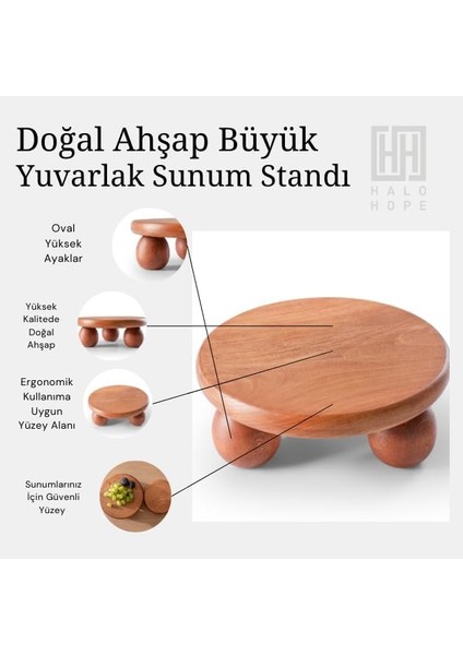 Büyük Boy El Yapımı Doğal Ahşap Sunum Standı - Top Ayaklı Şık Sunum Tahtası ve Tabağı, Sofra Servis Sunumluk, Dekoratif Ahşap Stand, %100 Dayanıklı ve Uzun Ömürlü El Yapımı Tasarım