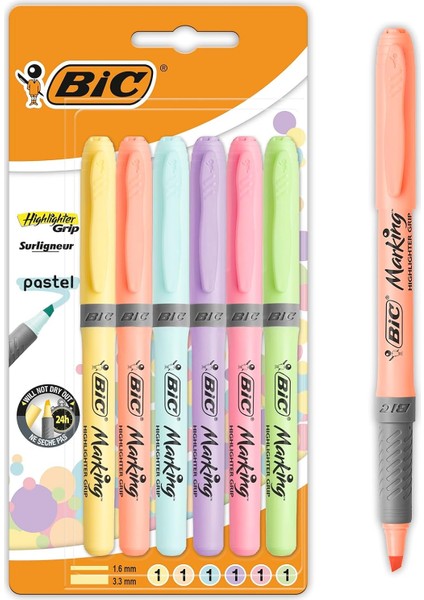 Intensity Highlighter Grip Pastel Marker Fosforlu Kalem 6'lı Blister, Su Bazlı Mürekkep, 6 Pastel Renk, Kauçuk Tutaçlı
