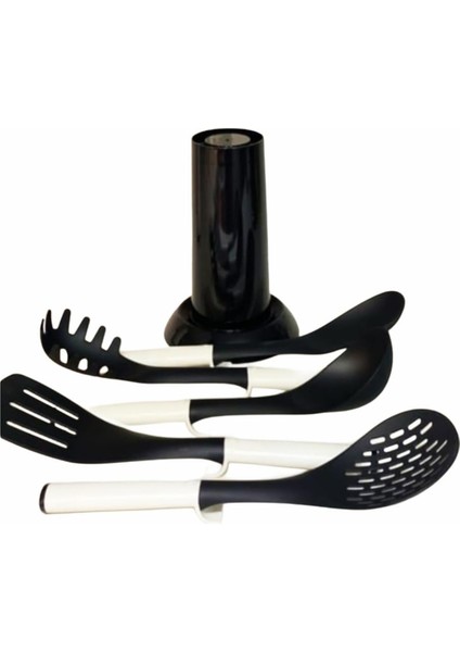High-Tech Azra Servis Seti, 110 Dereceye Kadar Isıya Dayanıklı, Spatula/kepçe/kevgir/servis Kaşığı/spagetti Kepçesi, Stand Hediyeli Servis Seti, Beyaz Silikon Saplı