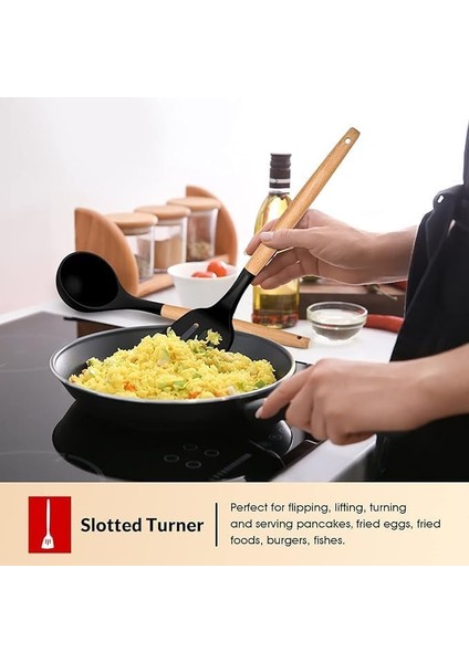 High-Tech Azra Servis Seti, 110 Dereceye Kadar Isıya Dayanıklı, Spatula/kepçe/kevgir/servis Kaşığı/spagetti Kepçesi, Stand Hediyeli Servis Seti, Beyaz Silikon Saplı