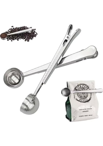 Klipsli Mandallı Çok Fonksiyonlu Kahve ve Çay Ölçü Kaşığı - Paslanmaz Çelik Silver
