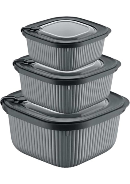 3'lü Microline Saklama Kabı Seti (600-1100-1800 Ml) - Hava Tahliye Kapağı ile Mikrodalgada Kapağı Kapalı Isıtma, Vakumlu, Sızdırmaz, Bpa Free, Silikon Kapaklı, (Antrasit)