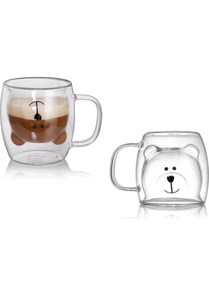 Home 2 Adet Ayıcık Tasarımlı Çift Cidarlı Cam Kupa, Borosilikat Termisil Cam, Isıya Dayanıklı Eğlenceli Şeffaf Bardak, 250 ml, Soğuk ve Sıcak Içeceklere Uygun Kulplu