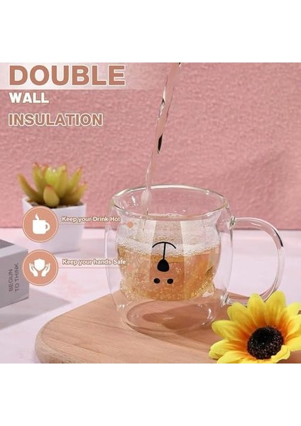 Home 2 Adet Ayıcık Tasarımlı Çift Cidarlı Cam Kupa, Borosilikat Termisil Cam, Isıya Dayanıklı Eğlenceli Şeffaf Bardak, 250 ml, Soğuk ve Sıcak Içeceklere Uygun Kulplu