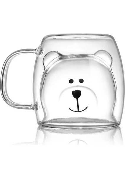 Home 2 Adet Ayıcık Tasarımlı Çift Cidarlı Cam Kupa, Borosilikat Termisil Cam, Isıya Dayanıklı Eğlenceli Şeffaf Bardak, 250 ml, Soğuk ve Sıcak Içeceklere Uygun Kulplu