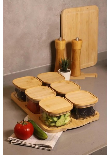 Kare Cam 6'lı Kahvaltılık Set - Bambu Kapaklı, Bambu Tepsili, Doğal Ahşap Sunum Tepsisiyle, Hava Geçirmez Vakumlu Kapaklı, Şık ve Sağlıklı Cam Kahvaltı Takımı 6'lı Kare