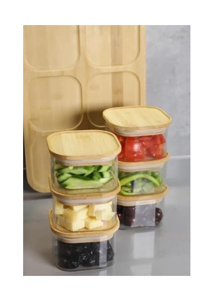 Kare Cam 6'lı Kahvaltılık Set - Bambu Kapaklı, Bambu Tepsili, Doğal Ahşap Sunum Tepsisiyle, Hava Geçirmez Vakumlu Kapaklı, Şık ve Sağlıklı Cam Kahvaltı Takımı 6'lı Kare modelleri