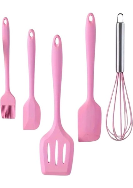 Parça Silikon Mutfak Seti, Isıya Dayanıklı, Yapışmaz, Pembe, Çırpıcı ve Spatula Takımı