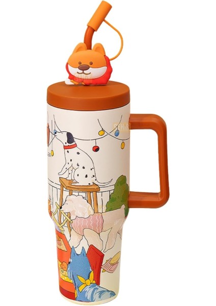 1200ml Sevimli Hayvanlar Tumbler Pipetli/Pipetsiz Kulplu Paslanmaz Çelik Termos (Puppy Party)