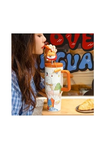 1200ml Sevimli Hayvanlar Tumbler Pipetli/Pipetsiz Kulplu Paslanmaz Çelik Termos (Puppy Party)