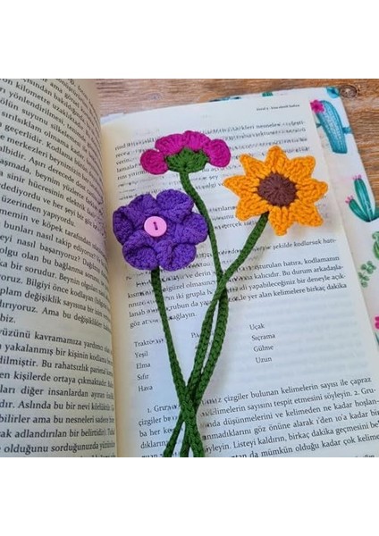 3'lü El Örgüsü Çiçek Kitap Ayracı Seti - El Emeği Göz Nuru Ayçiçeği, Pembe ve Mor Çiçek Figürlü - Kitap Kurtlarına Özel Benzersiz Hediye Aksesuar modelleri