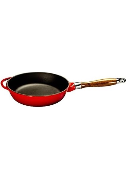 Metal Cam Kapaklı Ahşap Kulplu Yuvarlak Kızartma Tavası, 24 Cm, Kırımızı