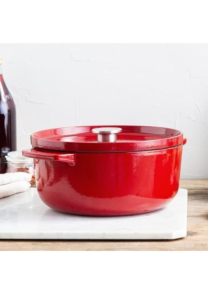 Cast Iron 26 Cm/5,2 L Kapaklı Tencere, Kaliteli, Sağlam ve Uzun Ömürlü, Kızartma, Kızartma, Pas Içermeyen Emaye Iç Kısım, Indüksiyon, Ergonomik Sap, 260°C'YE Kadar Fırına Dayanıklı, Kırmızı