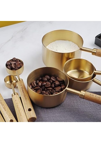 Home Özel Üretim Akasya Ağacı Saplı Paslanmaz Çelik 4'lü Ölçü Kaşığı Seti - Lüks ve Şık Tasarım, Otantik Altın Renk, 1,5 Ml, 5 Ml, 15 ml ve 25 ml Ölçülerinde fiyatları