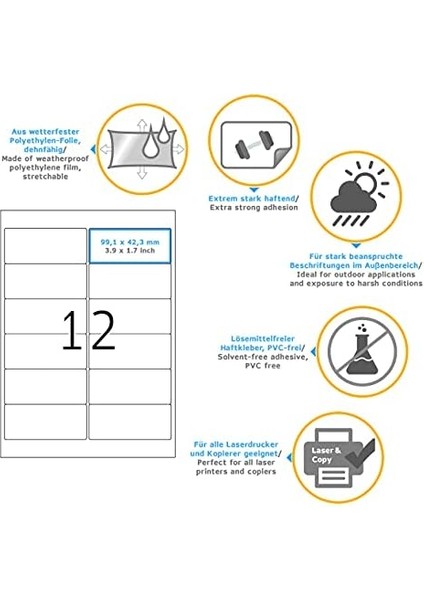 9533 Folyo Etiketleri, 10 Yaprak, 99,1 x 42,3 Mm, A4 Başına 12, 120 Adet, Kendinden Yapışkanlı, Mat, Boş Dış Mekan Yapışkan Etiketleri, Polietilen fiyatları