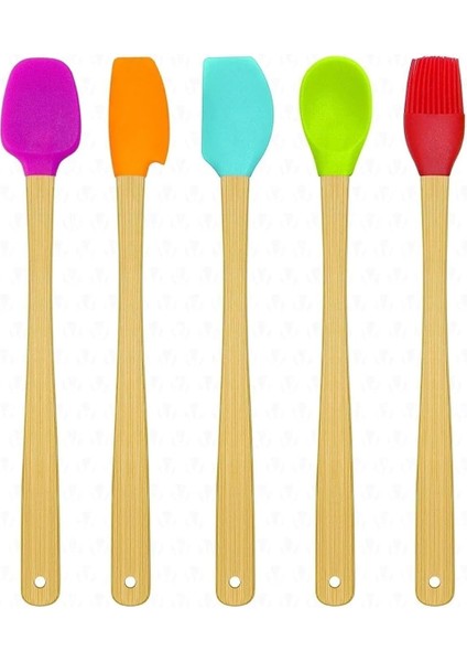 Parça Bambu Saplı Mini Silikon Spatula Kaşık Fırça Seti Renkli