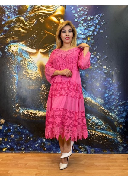 Dantel Elbise,pembe Renk,payetli,standart Beden, Astarlı,yazlik,yüksek Kalite.yarasa Kol,midi Boyu