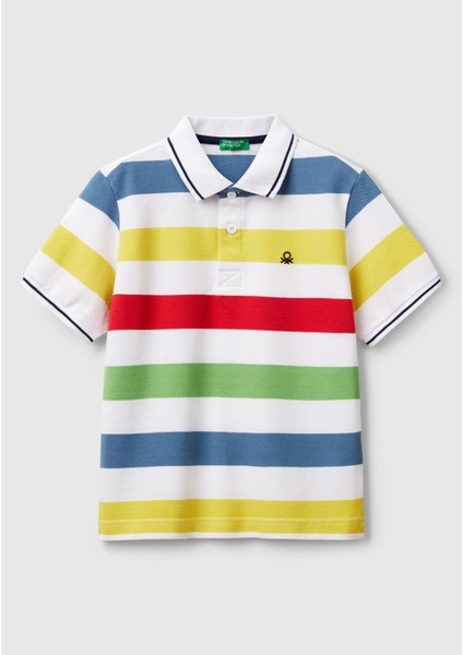 Erkek Çocuk Renkli Mix Çizgili Logo Işlemeli Polo T-Shirt
