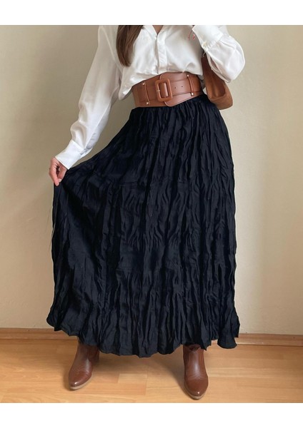 Kadın Beli Lastikli Pileli Etek Crush Kırışık Kumaş Yüksek Bel Taş Uzun Saten Maxi Boy Etek