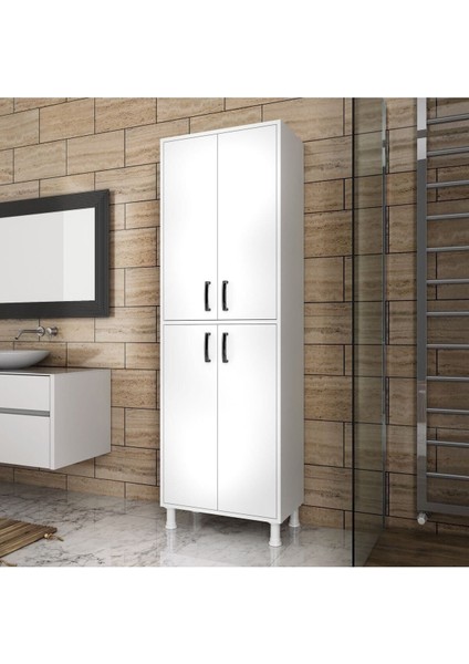 Rani F1 Çok Amaçlı Dolap 4 Kapaklı 6 Raflı Banyo Kiler Mutfak Dolabı Beyaz M4