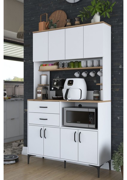 Rani JE179 Çok Amaçlı Dolap 8 Kapaklı 2 Çekmeceli Kiler Mutfak Dolabı Beyaz - Sepet Ceviz