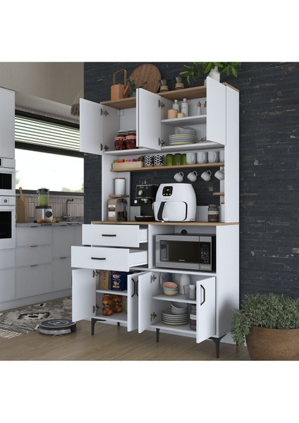 Rani JE179 Çok Amaçlı Dolap 8 Kapaklı 2 Çekmeceli Kiler Mutfak Dolabı Beyaz - Sepet Ceviz indirimleri