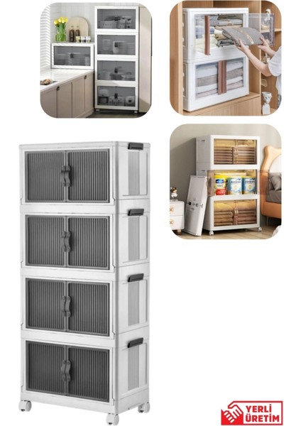 Çok Amaçlı Kapaklı Portatif Istiflenebilir Tekerlekli Organizer Dolap 4 Lü