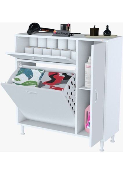 Modilayn Yenice Çok Amaçlı Banyo Dolabı 90 x 97.5 x 32 cm Kirli Çamaşır Sepetli Dolap