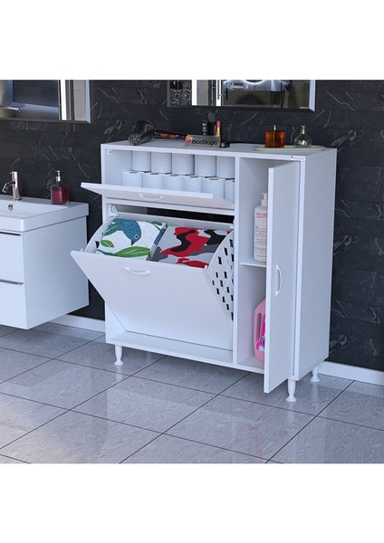 Modilayn Yenice Çok Amaçlı Banyo Dolabı 90 x 97.5 x 32 cm Kirli Çamaşır Sepetli Dolap