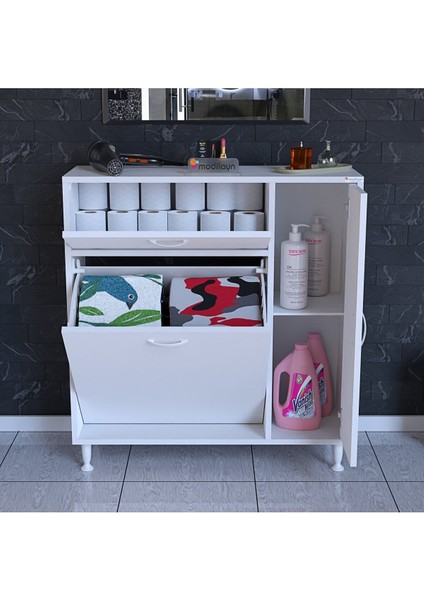 Modilayn Yenice Çok Amaçlı Banyo Dolabı 90 x 97.5 x 32 cm Kirli Çamaşır Sepetli Dolap