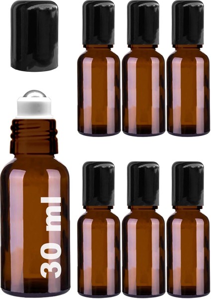 30 ml Çelik Roll On Şişesi 30 cc Sızdırmaz Siyah Kapaklı Cam Şişe 6 Adet (Amber, 30)
