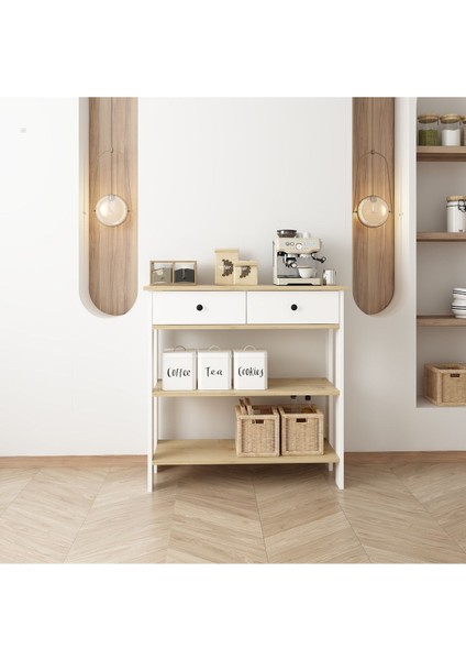 Luvia Mobilya Çift Çekmeceli Beyaz Meşe Kahve Köşesi