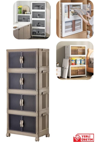 Emayhome Çok Amaçlı Kapaklı Portatif Istiflenebilir Tekerlekli Organizer Dolap 4 Lü Cappuccino