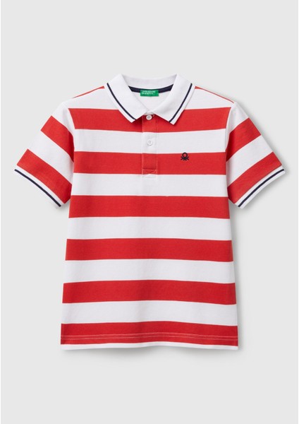 Erkek Çocuk Kırmızı Mix Çizgili Logo Işlemeli Polo T-Shirt
