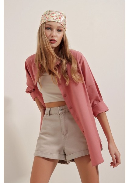 3900 Oversize Uzun Basic Gömlek - Gül Kurusu