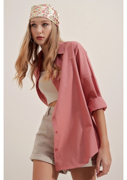 3900 Oversize Uzun Basic Gömlek - Gül Kurusu
