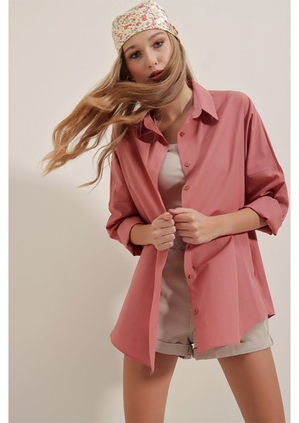 3900 Oversize Uzun Basic Gömlek - Gül Kurusu