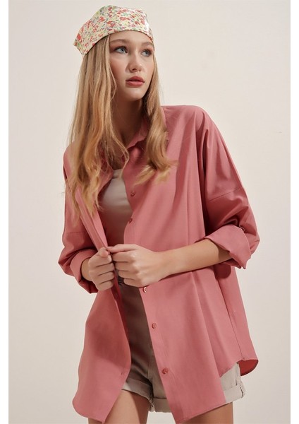 3900 Oversize Uzun Basic Gömlek - Gül Kurusu