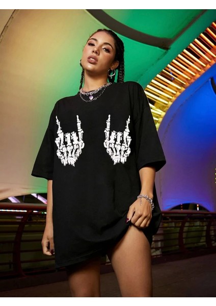 Baskılı Oversize T-Shirt - Siyah