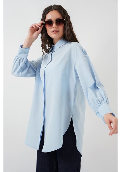 5946 Oversize Uzun Gömlek Tunik - Mavi