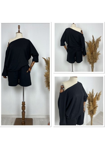 Kadın Kayık Yaka Oversize Asimetrik Bluz ve Şort Iki Iplik Takım