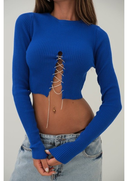 Taş Detay Triko Yaka Crop Bluz