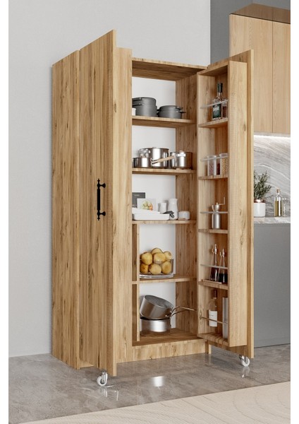 AE-3035 Vezir Çam Kiler, Erzak Dolabı, Çok Amaçlı Mutfak Dolabı, Banyo,2 Kapaklı, Raflı, Tekerli