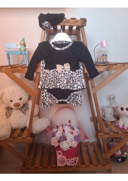 Kız Bebek Leopar Desenli Bandanalı 3'lü Takım