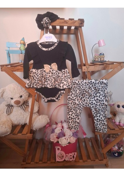 Kız Bebek Leopar Desenli Bandanalı 3'lü Takım fiyatları