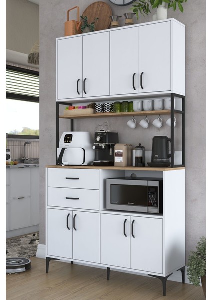 Rani JE180 Çok Amaçlı Dolap 8 Kapaklı 2 Çekmeceli Kiler Mutfak Dolabı Beyaz - Sepet Ceviz