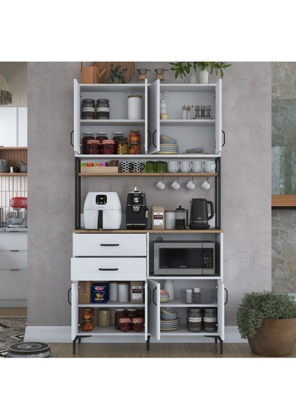 Rani JE180 Çok Amaçlı Dolap 8 Kapaklı 2 Çekmeceli Kiler Mutfak Dolabı Beyaz - Sepet Ceviz modelleri