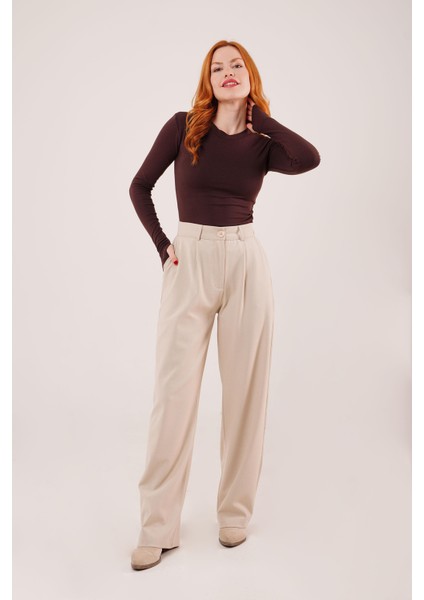 Premium Model Oturtmalı Krem Pantolon