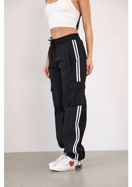 Praşut Kumaş Kargo Çeplı Baggy Esofman - Siyah