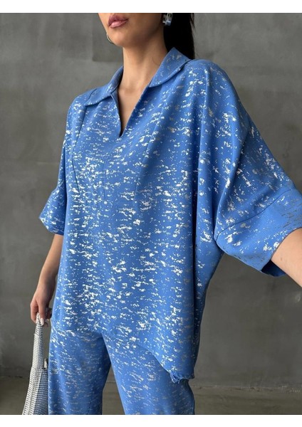 Varaklı Bluz Pantolon Takım - Mavi